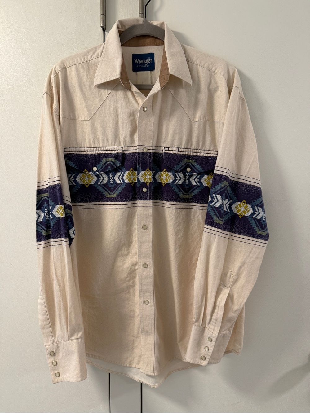 Vintage Wrangler Western Shirt with Navy and Yellow Aztec Band